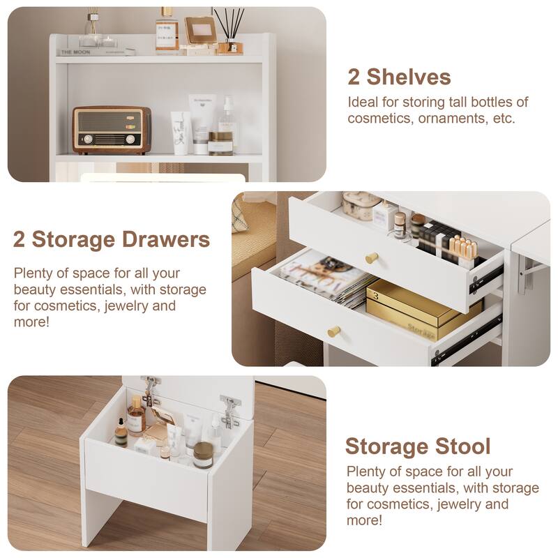 Vanity Desk Set with Lighted Mirror and Storage Chair, Vanity Table with Foldable Side Table, Makeup Table with 2 Drawers