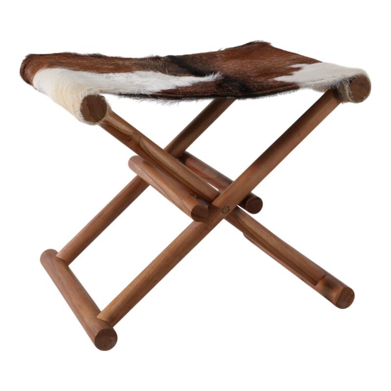 Foldable Backless Cowhide Storage Stool with Solid Wood Frame