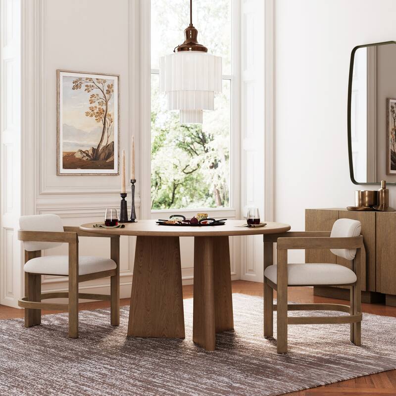 Veya Modern Boucle Dining Chair with Curved Back, Full Armrests, and Solid Wood Legs
