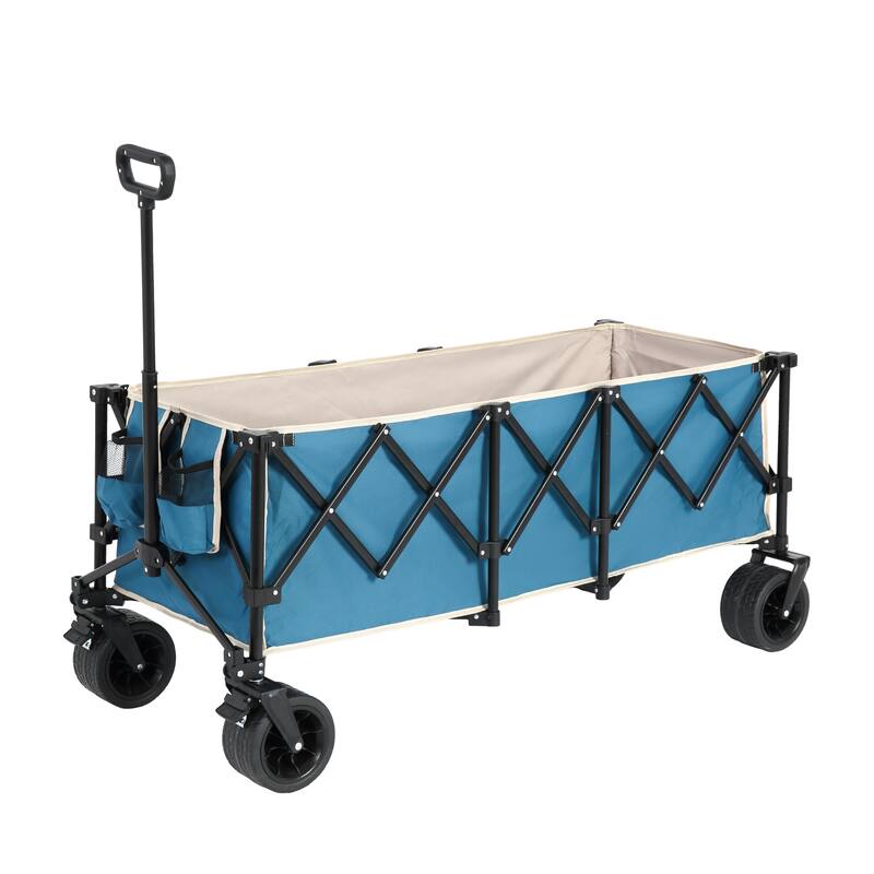 Foldable Wagon with All-Terrain Wheels & Drink Holders, 220lb Capacity - Blue