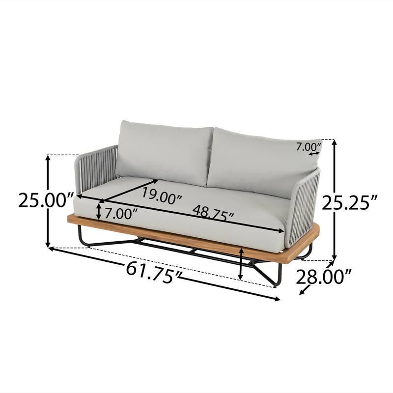 Roomfitters Outdoor Acacia Wood Rope Woven Loveseat with Coffee Table, Durable Frame and Cozy Cushions