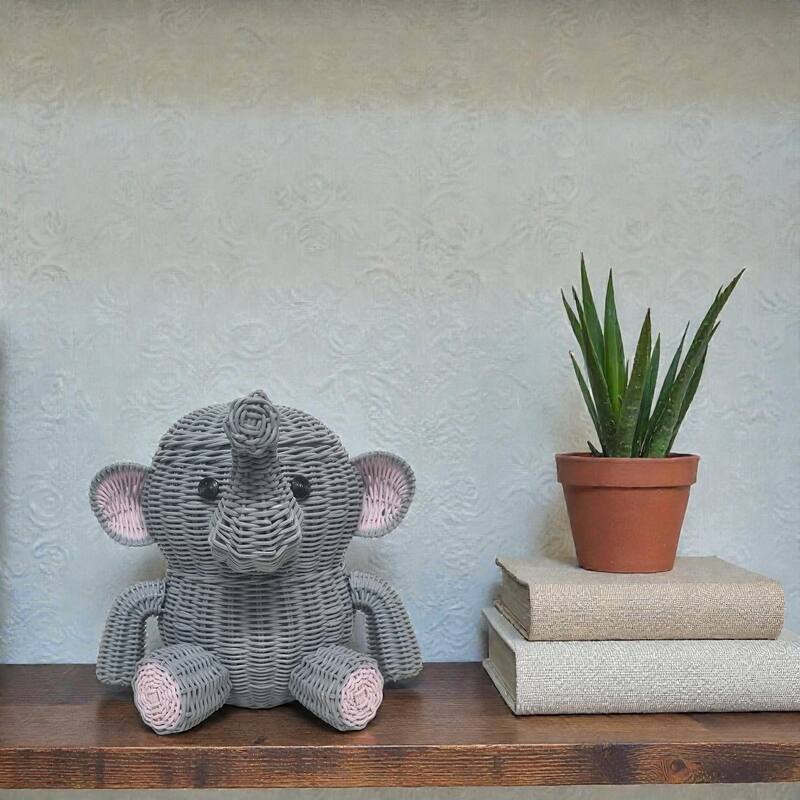Large Gray Elephant Rattan Storage Basket With Lid Hand Woven Shelf Organizer Handmade Gift Wicker