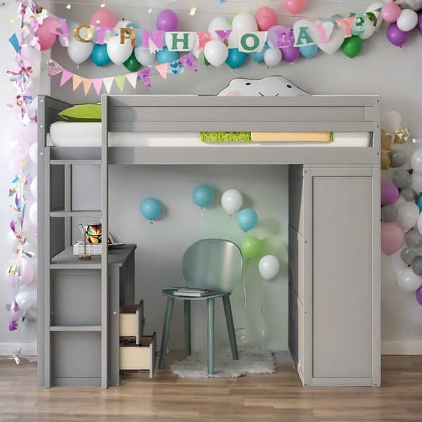 slide 2 of 34, Modern Twin Size Wood Loft Bed With Wardrobes And 2-Drawer Desk With Cabinet,Large Storage Space