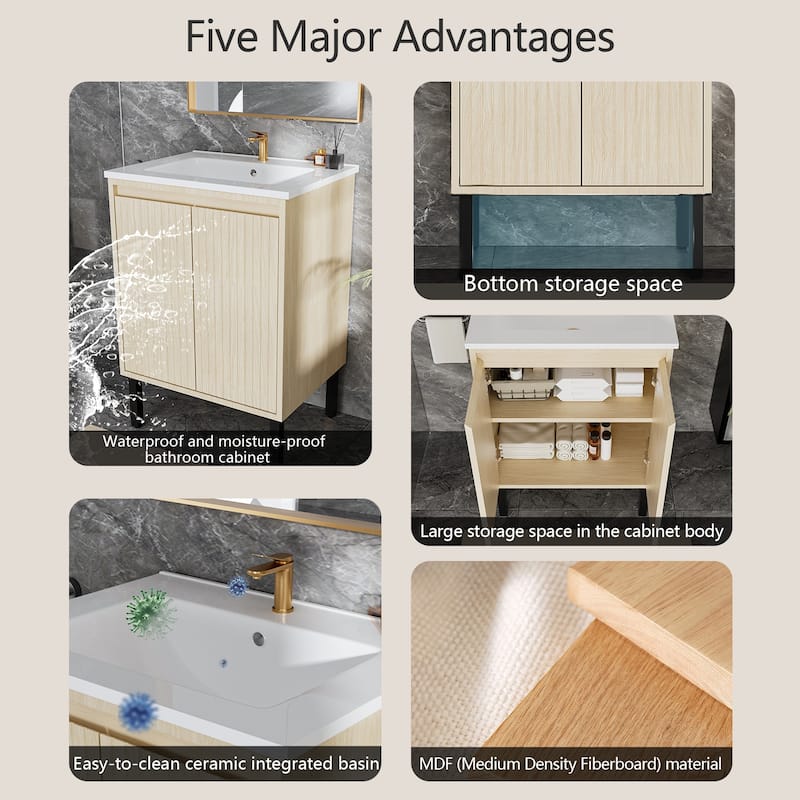 24 Inch Bathroom Vanity with Sink, Floor Standing MDF Cabinet with Soft-Close Drawers and Modern Design