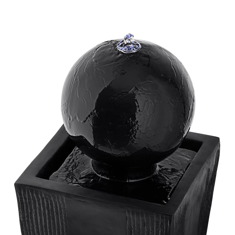 Alpine Corporation GIL786 33" Black Outdoor Modern Sphere Pedestal Water Fountain with LED Lights