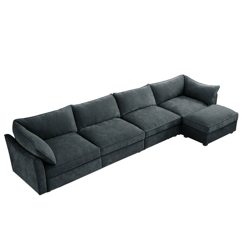 L-Shaped 4-Deep Seater Sectional Sofa Couch with 1 Movable Storage Ottoman & Pull out Drawers Under Each Seat