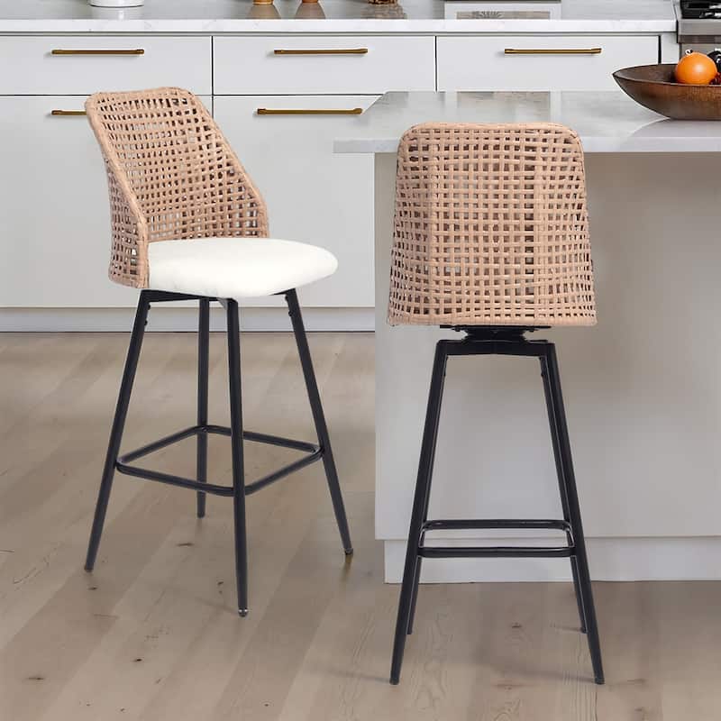 Chenille Counter Height Swivel Bar Stools Rattan Back with Metal Legs