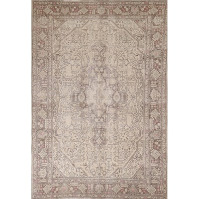 Distressed Tabriz Vintage Persian Rug Handmade Medallion Wool Carpet - 6'5" x 9'2"