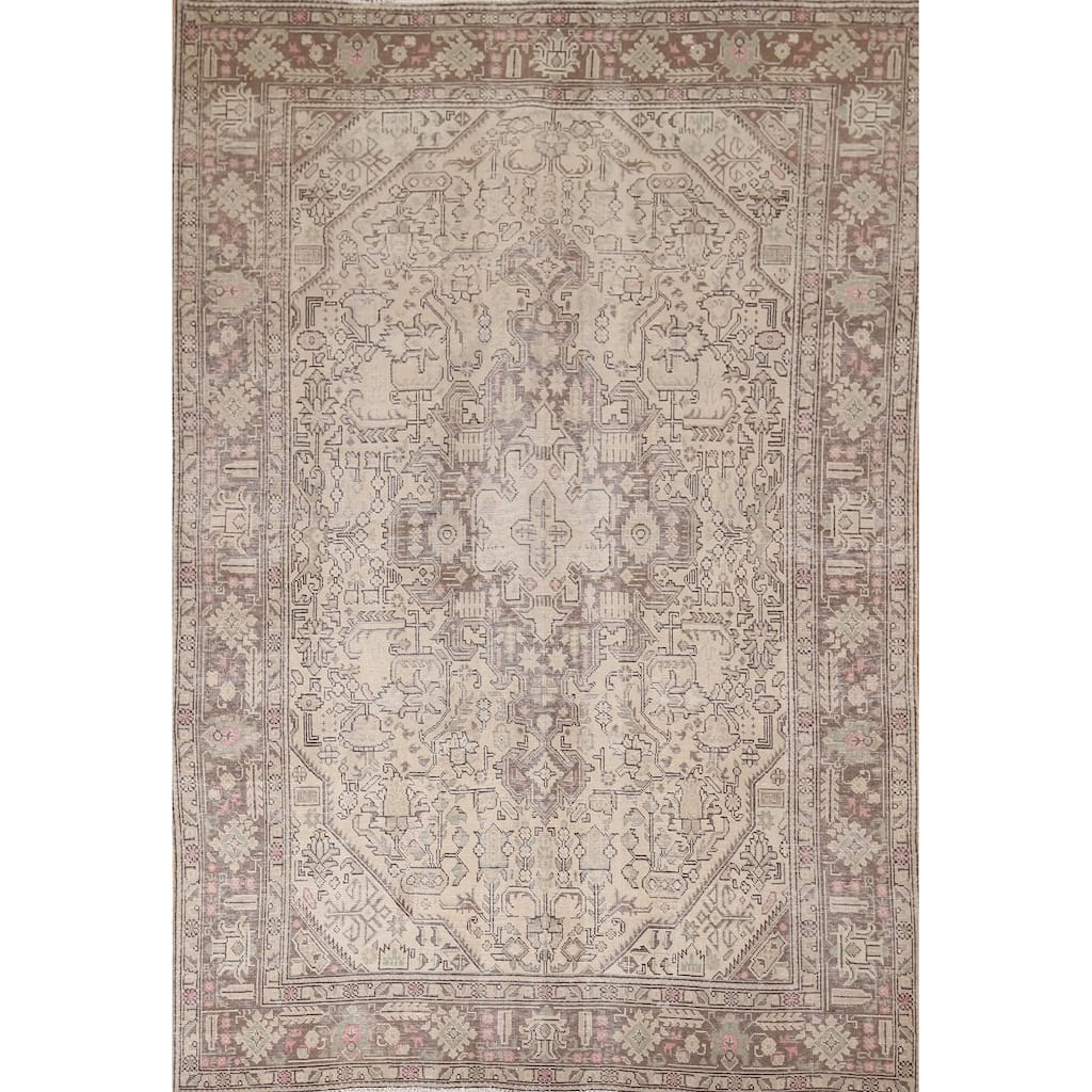 Distressed Tabriz Vintage Persian Rug Handmade Medallion Wool Carpet - 6'5" x 9'2"