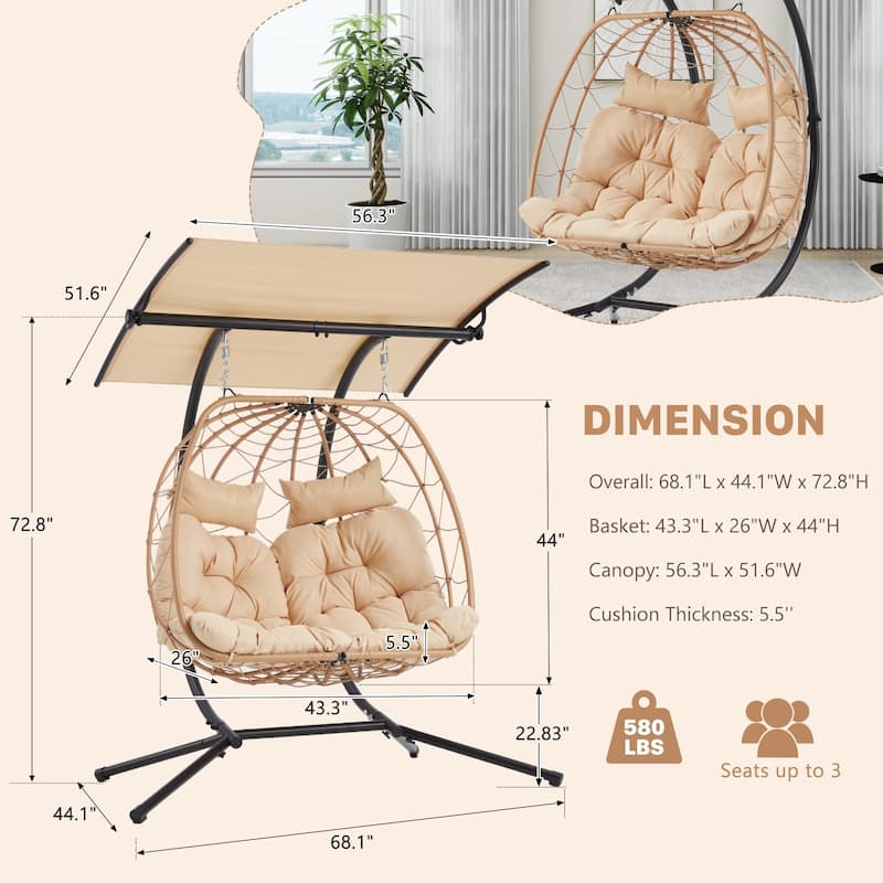 Double Hanging Egg Chair with Adjustable Canopy - Outdoor Swing Chair with Stand, Cushions & Pillows - Wicker Rattan Hammock.