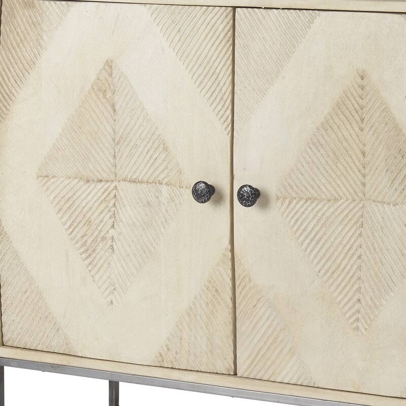 HomeRoots 36" Cream and Gray Solid Wood and Iron Carved Geometric Accent Cabinet With Two Doors