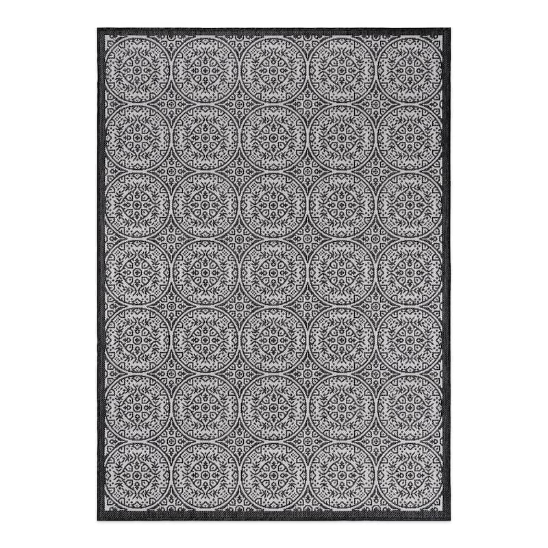 World Rug Gallery Transitional Floral Circles Textured Flat Weave Indoor/Outdoor Area Rug
