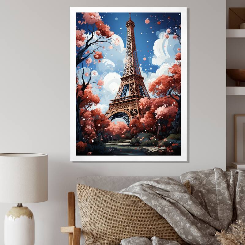 Designart "Paris In Spring Bloom I" City Paris Framed Wall Decor - 34 in. wide x 44 in. high - White