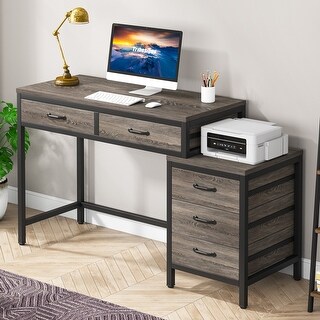 Computer Desk with 5 Drawers, Reversible Writing Desk with File Cabinet Printer Stand