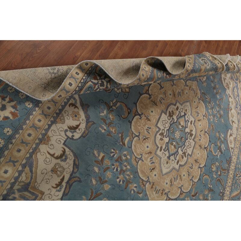 Light Blue Tabriz Persian Vintage Area Rug Hand-Knotted Wool Carpet - 9'7"x 12'6"