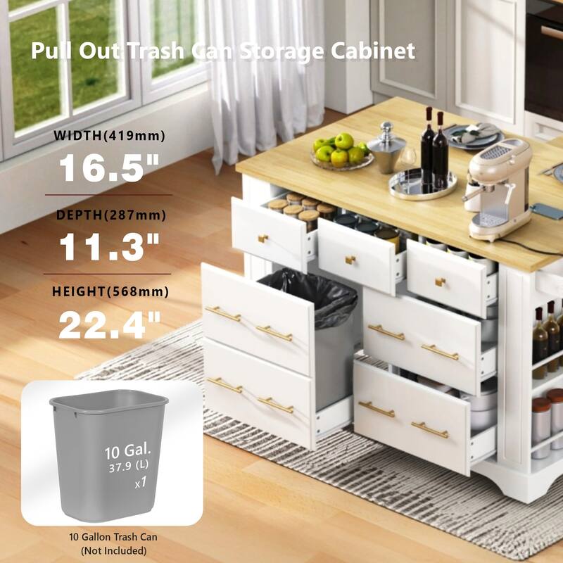 51 Inch Kitchen Island with 6 Drawers Pull-Out Trash Can Power Outlet and Drop Leaf