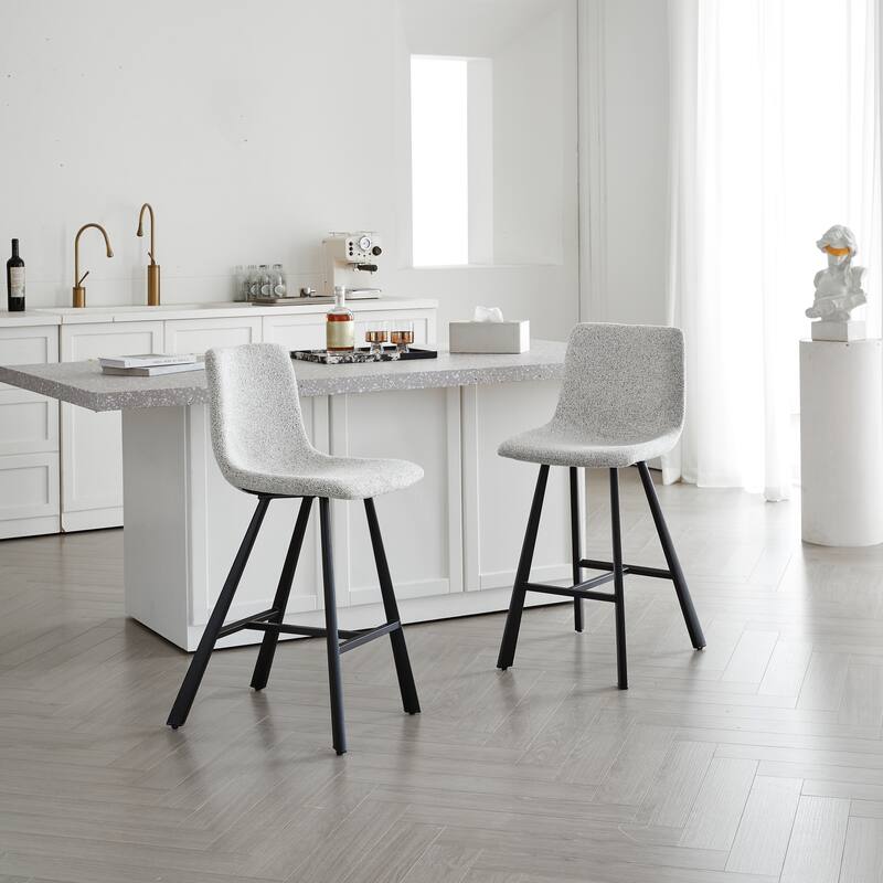 Set of 2 Bar Stool with Ergonomic Curved Backrest - Sturdy Black Metal Frame Counter Height Seating with Footrest - Beige Gray+White