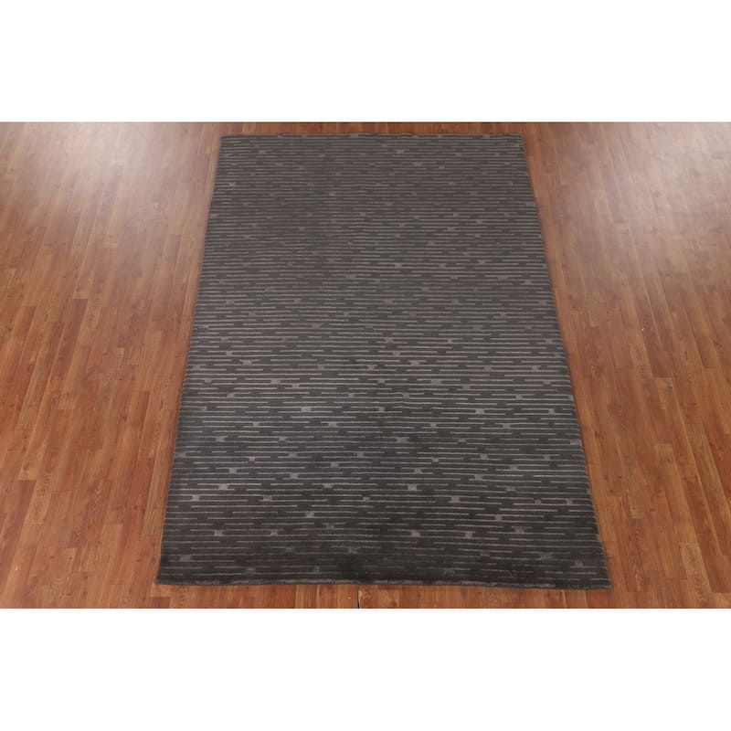 Striped Nepalese Living Room Area Rug Hand-Knotted Wool Carpet - 6'1" x 8'11"