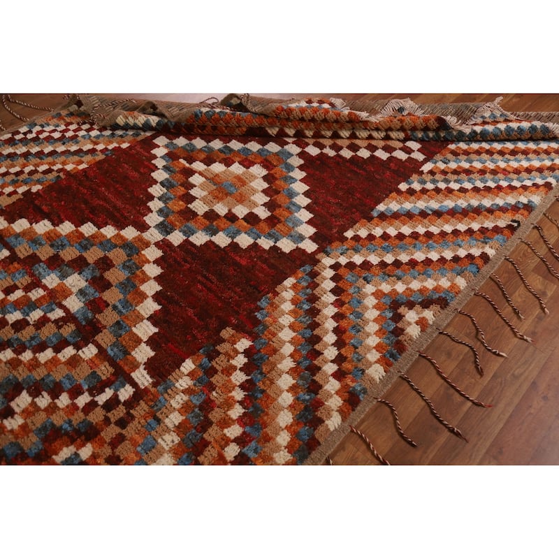 Hand Knotted Oriental 100% Wool Carpet Modern Geometric Red Moroccan Area Rug - 7' 9'' X 5' 6''
