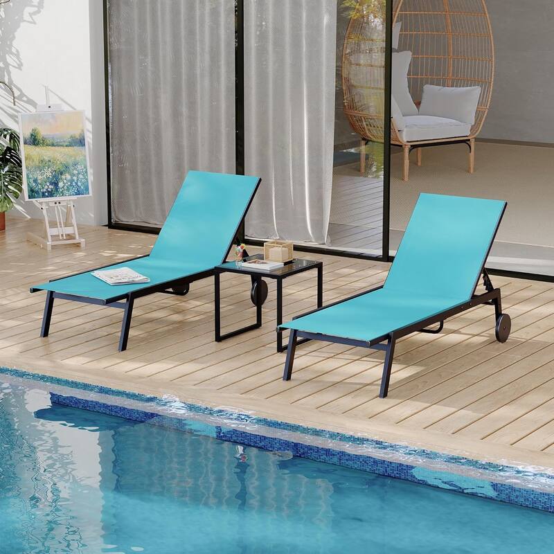 Adjustable Backrest Poolside Loungers Set of 3, Outdoor Lounge Chairs With Wheels - Blue