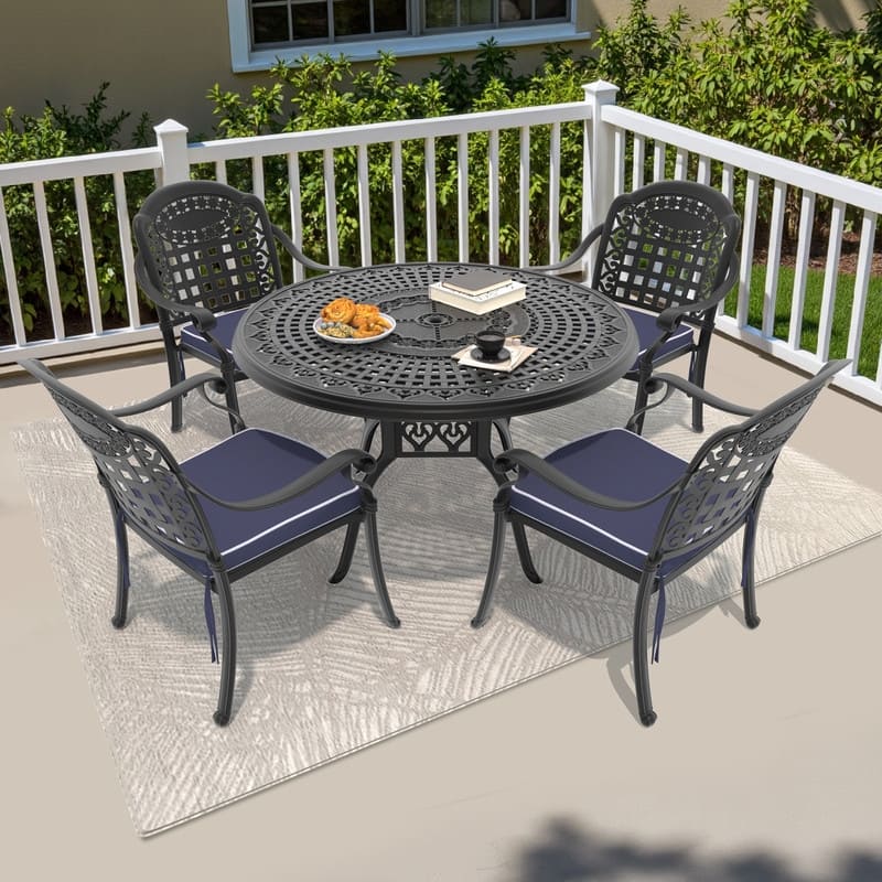 5/7-Piece Cast Aluminum Outdoor Dining Set with 47.24 in. Round Table and Seat Cushions - Black( 5-Piece Sets-B)