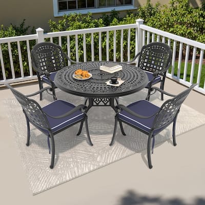 5-Piece Cast Aluminum Outdoor Dining Set with 47.24 in. Round Table and Blue Seat Cushions