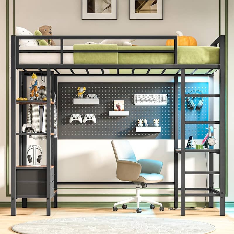 Loft Bed with Desk Gaming Bunk Bed LED Lights Charging Station