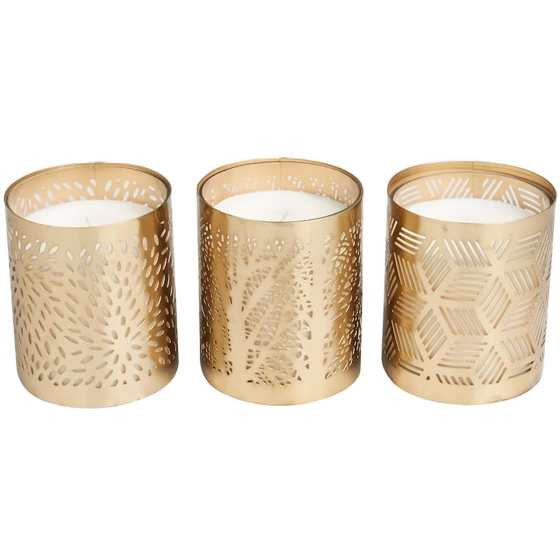 Gold or Copper or Silver Metal Scented 13 oz 1 Wick Geometric Candle with White Wax (Set of 3)