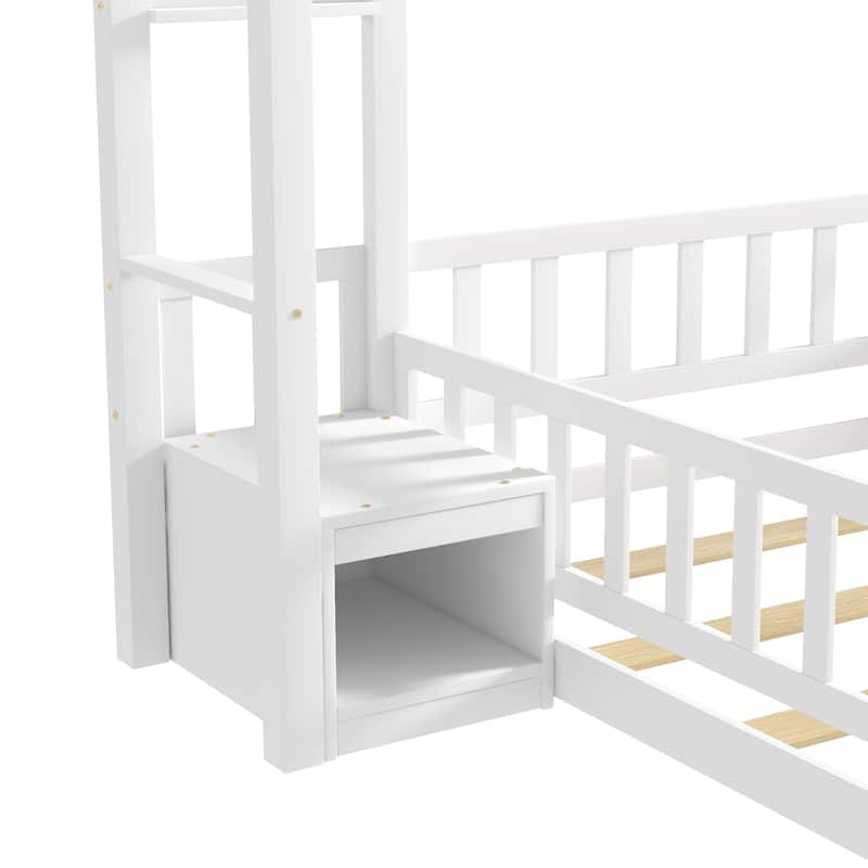 House-Style Headboard Floor Bed with Fence Guardrails
