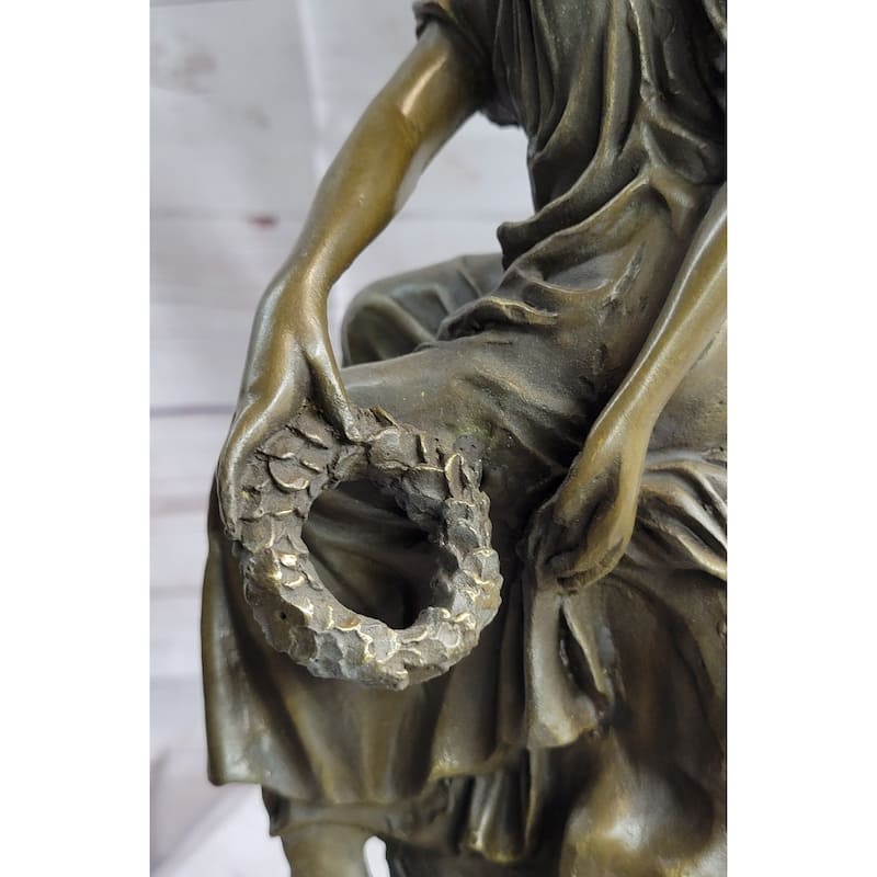 Bronze Statue Of Seated Angel Holding Wreath Sculpture On Marble Base 17 Inches X 9 Inches