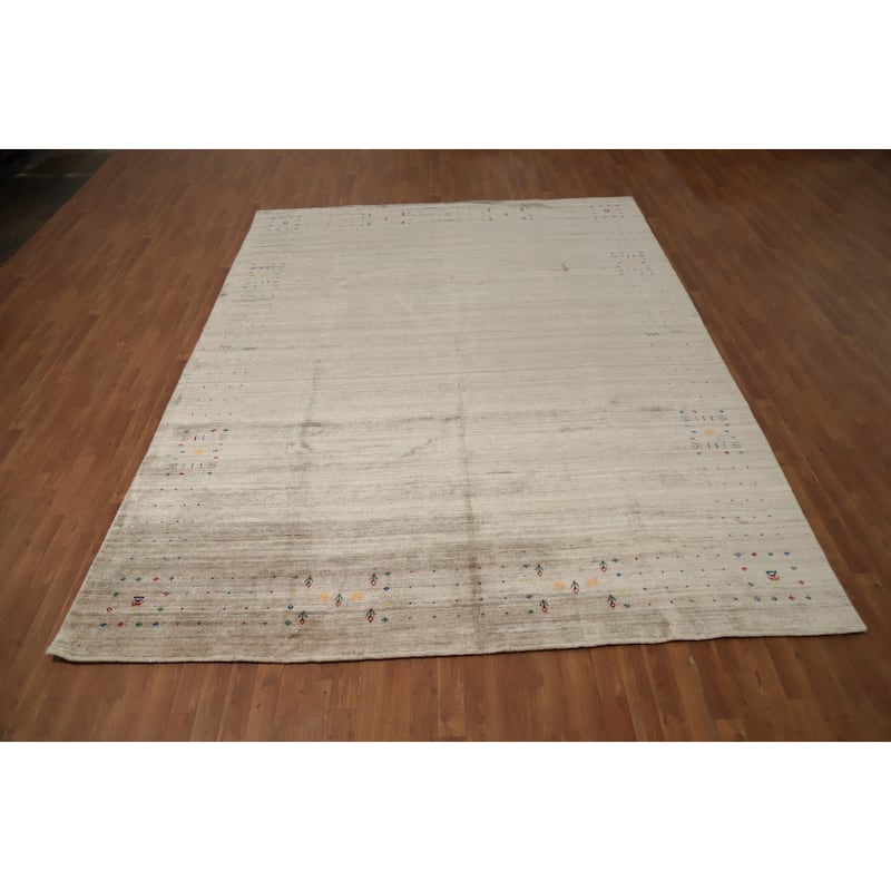 Hand Knotted Oriental Viscose Silk Carpet Tribal Animal Pictorial Beige & Ivories Gabbeh Area Rug - 11' 9'' X 8' 11''