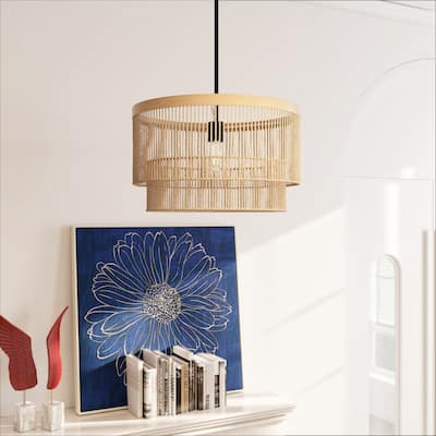 1-Light Rattan Farmhouse Boho Rustic Drum Light