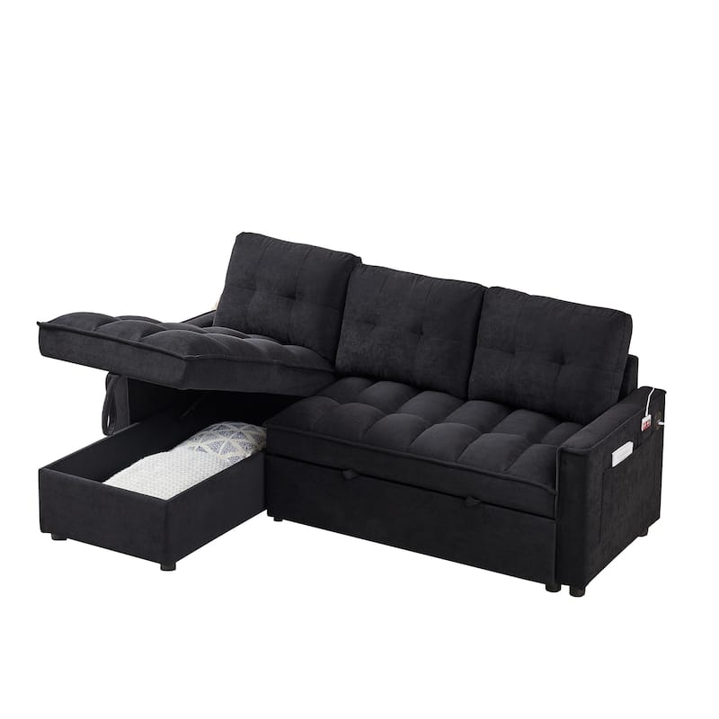 78.75" Chenille Pull-Out L-Shaped Sectional Sofa Bed with Charging Ports and Storage Chaise