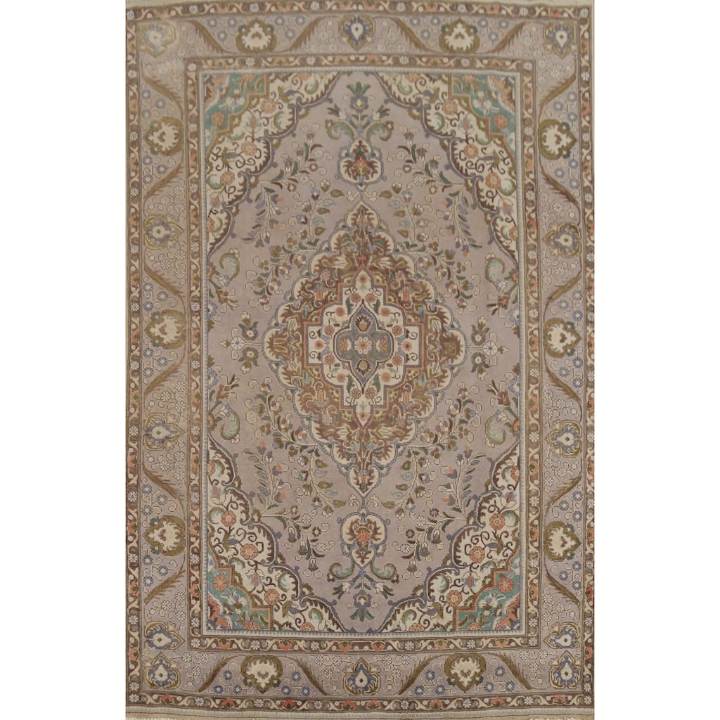 Gray Tabriz Persian Vintage Rug Hand-Knotted Traditional Wool Carpet - 6'4"x 9'4"