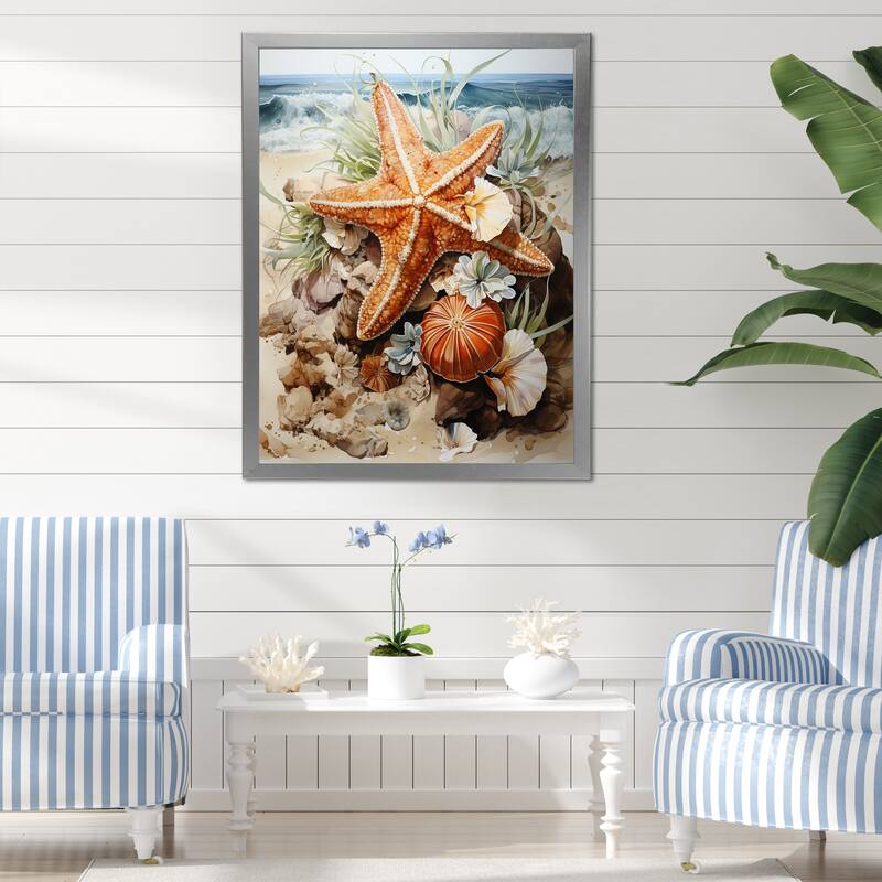 Designart "Orange And Blue Starfish Sands II" Coastal Tropical Wall Decor Orange Coastal Entryway Framed Wall Art Print - 30 in. wide x 40 in. high - Silver
