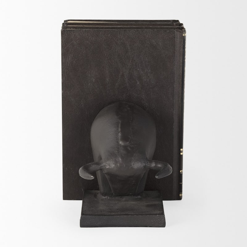 Black Cast Aluminum Raging Bull Bookends - 4.25" W x 9.5" D x 5.75" H