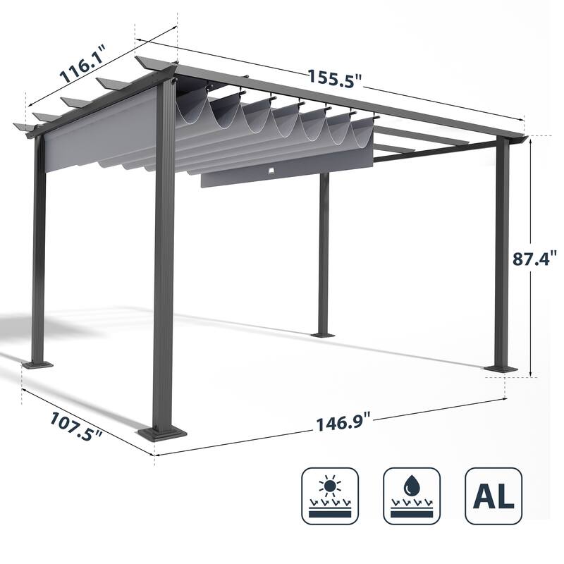 10 ft. x 13 ft. Aluminum Outdoor Pergola with Retractable Shade Canopy