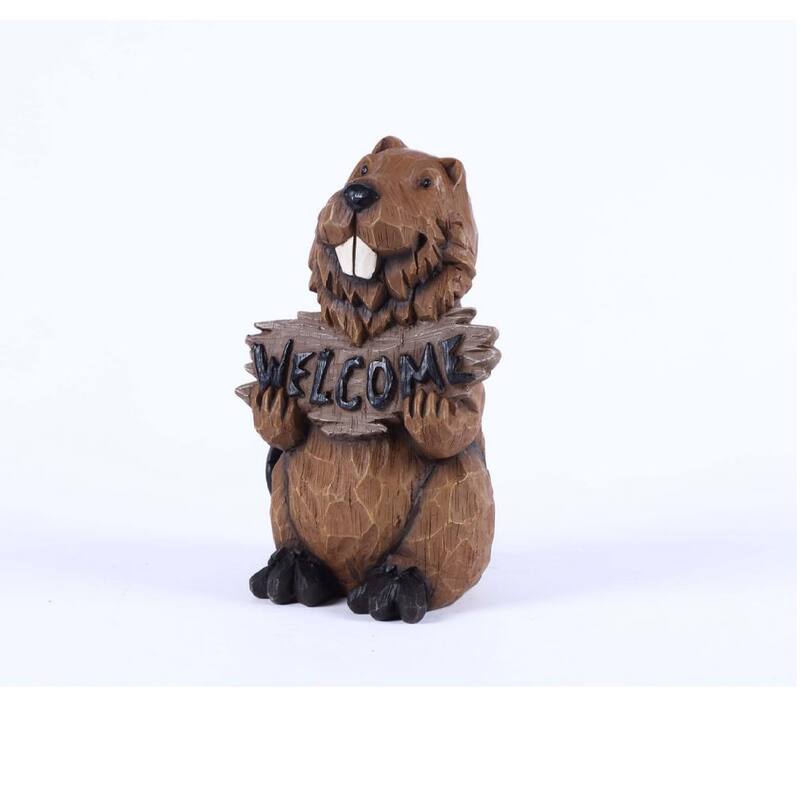 Beaver Holding A Welcome Sign Outdoor Statue - 11.75" - Brown