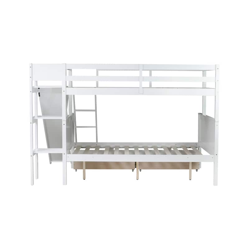 Twin over Full Storage Bunk Bed with 2 Drawers, Shelves, Slide and Ladder, Wooden Low Bunk Bed Frame, Rubber Wood Kids Bunk Bed