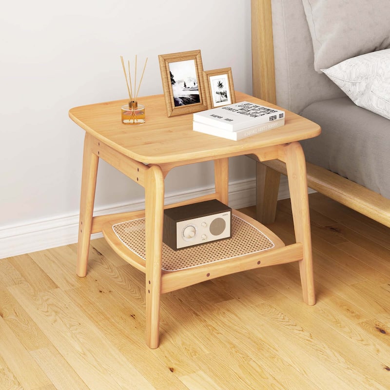 Costway 1/2 PCS Bamboo Sofa Side Table with Faux Rattan Storage Shelf