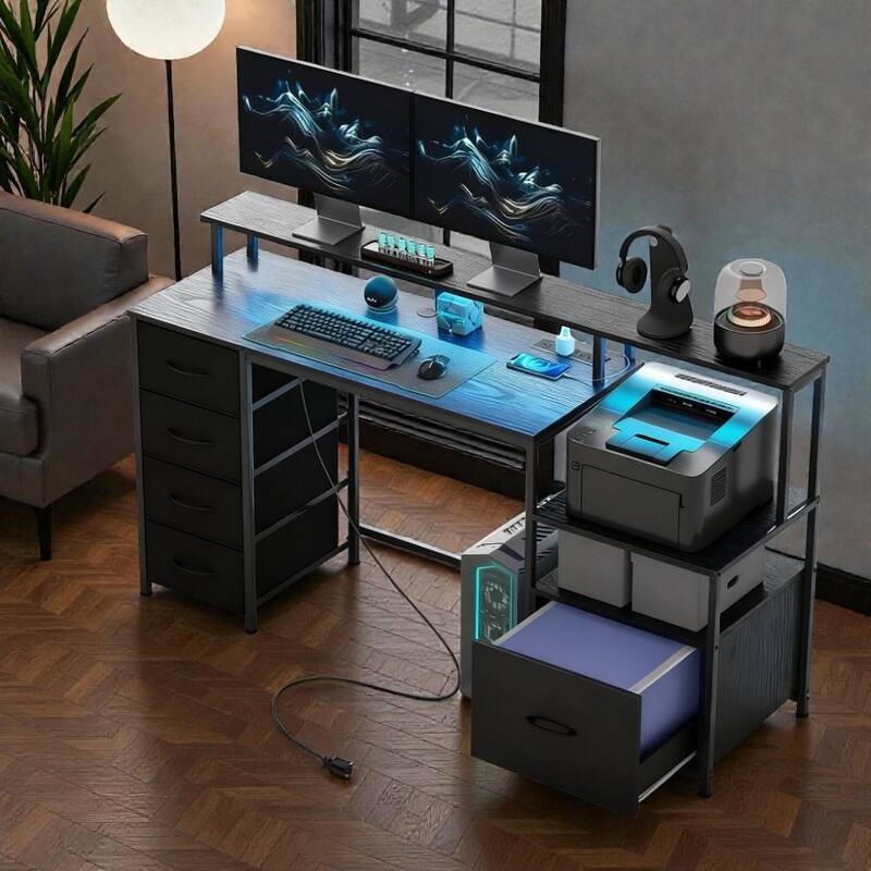 Computer Desk with File Cabinet and Fabric Drawers, Office Desk with Charging Station LED Lights and Monitor Stand