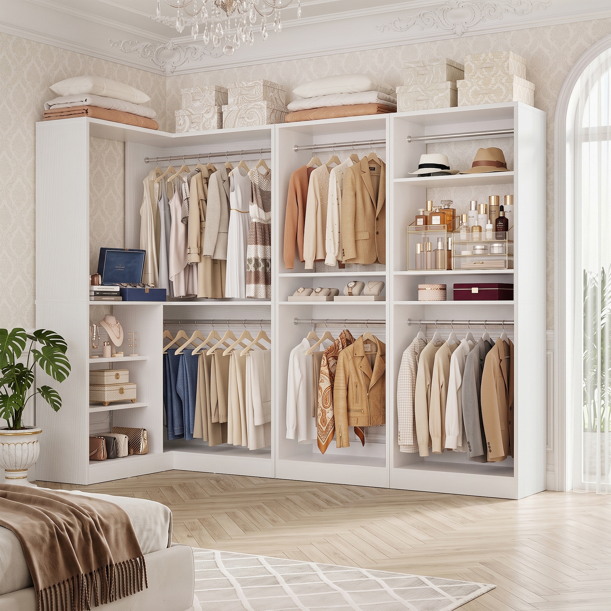 Cimly Set of 3 Freestanding Closet System with Hanging Rods, Corner Closet Organizer with Adjustable Storage Shelves