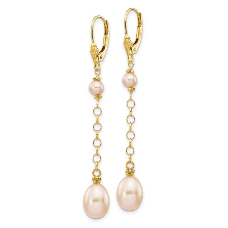 Curata 14k Yellow Gold 55x8mm Natural Color Freshwater Cultured Pearl Leverback Earrings