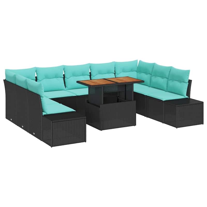 vidaXL 10 Garden Sofa Set with Cushions Black/Grey Poly Rattan - 113.8 x 82.3 x 27.2
