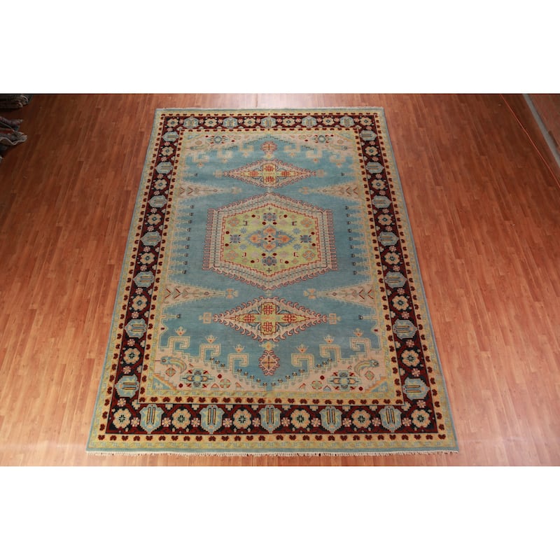 Light Blue Geometric Viss Oriental Large Rug Handmade Wool Carpet - 9'9" x 13'9"