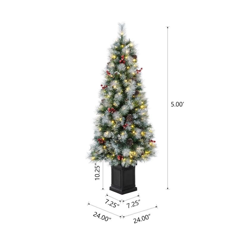 Glitzhome Christmas 5-Piece Set with Berry Leaf Wreath, Teardrop and 4/5ft Potted Trees for Entrance Decoration
