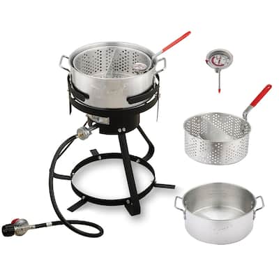 FEASTO 10 Qt Aluminum Outdoor Propane Gas Fryer Pot Kit with Strainer Basket, 50,000 BTU Burner, Perfect for Boiling and Frying