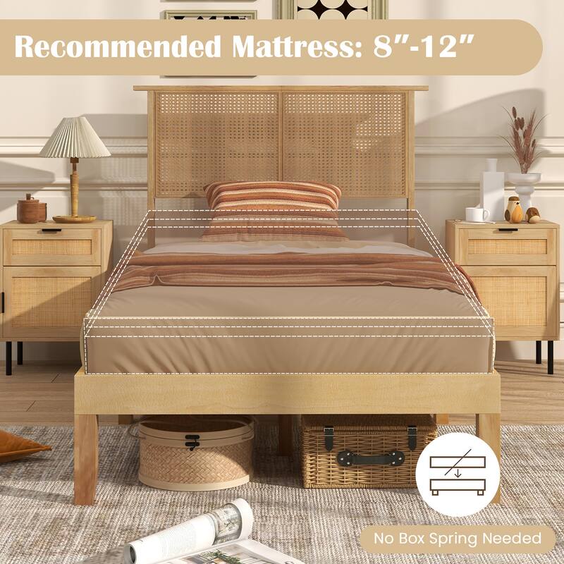 Gymax Twin/Full/Queen Size Bed Frame w/ Rattan Headboard 10 Solid Wood