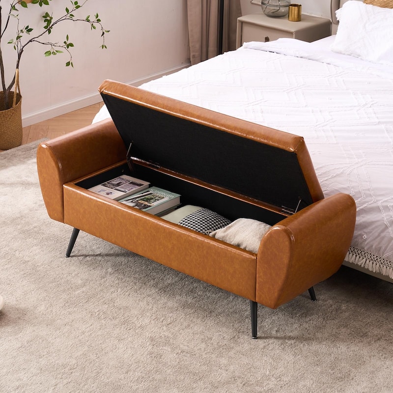 Upholstered 56"W Flip Top Storage Bench with arms