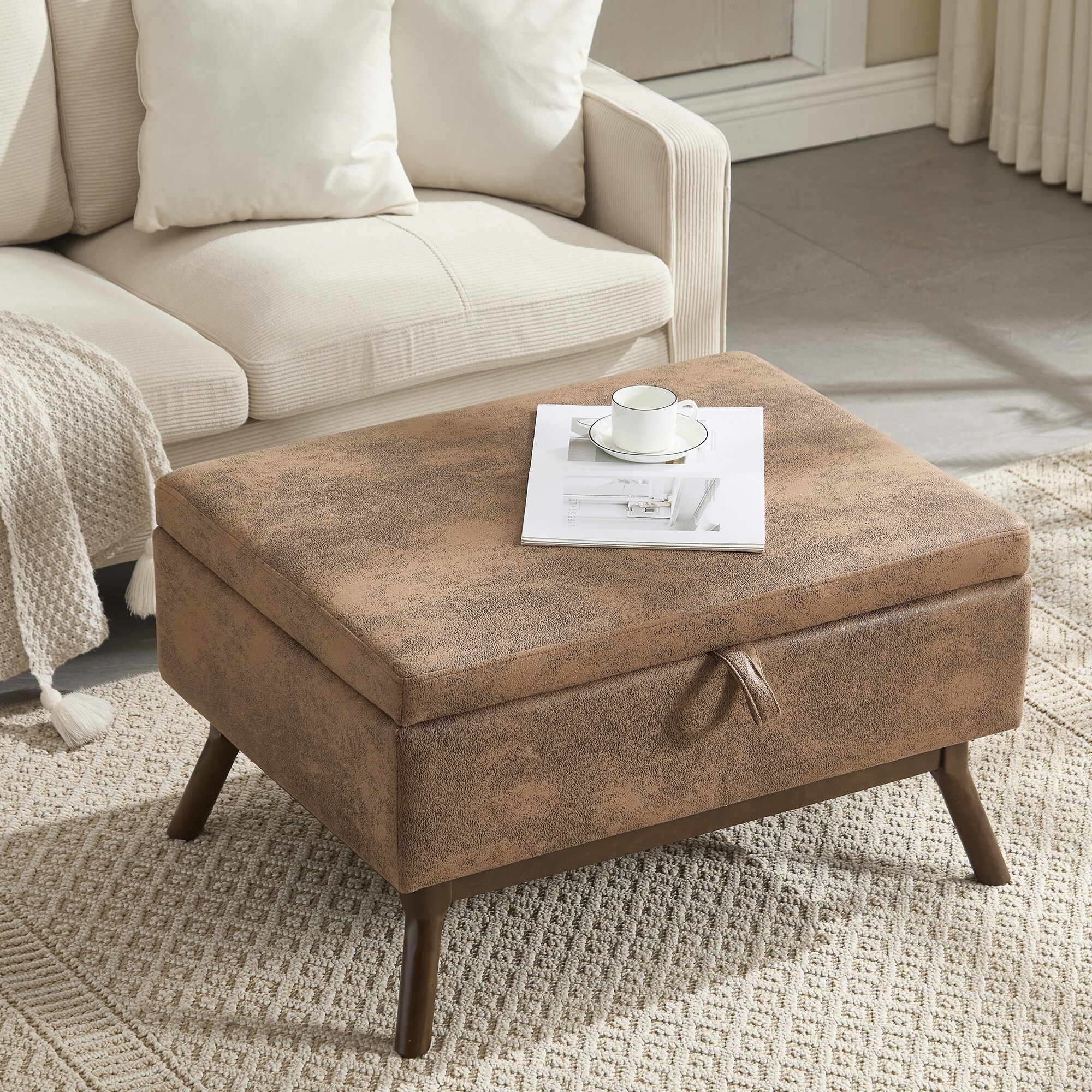 Mid-Century Modern Square Storage Bench Coffee Table, Suitable For Living Room, Entryway And Family Room